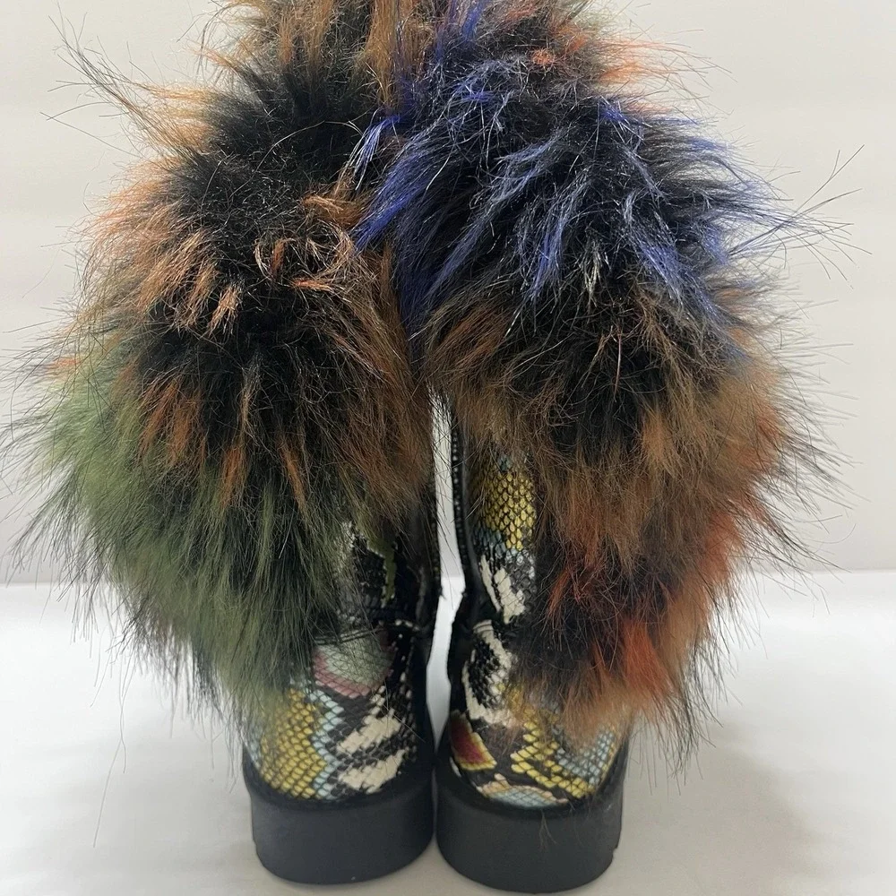 Bamboo Women's Frozon-01 Boots Multi-Color Snake Print Asymmetrical Faux Fur 8